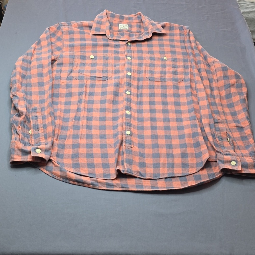 J.CREW Cotton Flannel Button-Up Shirt Orange Gray Plaid Long Sleeve Large